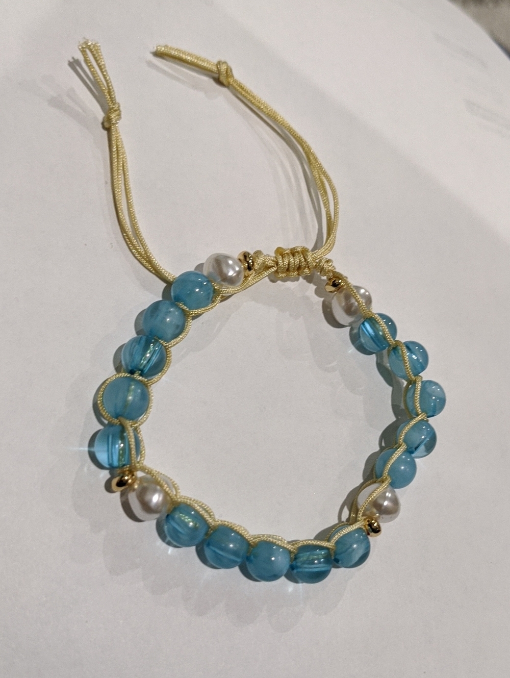 Gold Cord Bracelet with Light Blue Beads and Pearl Accents - Women